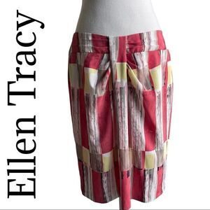 ELLEN TRACY- Geo print Midi skirt w/ pleated front, with back slit, Size 6
